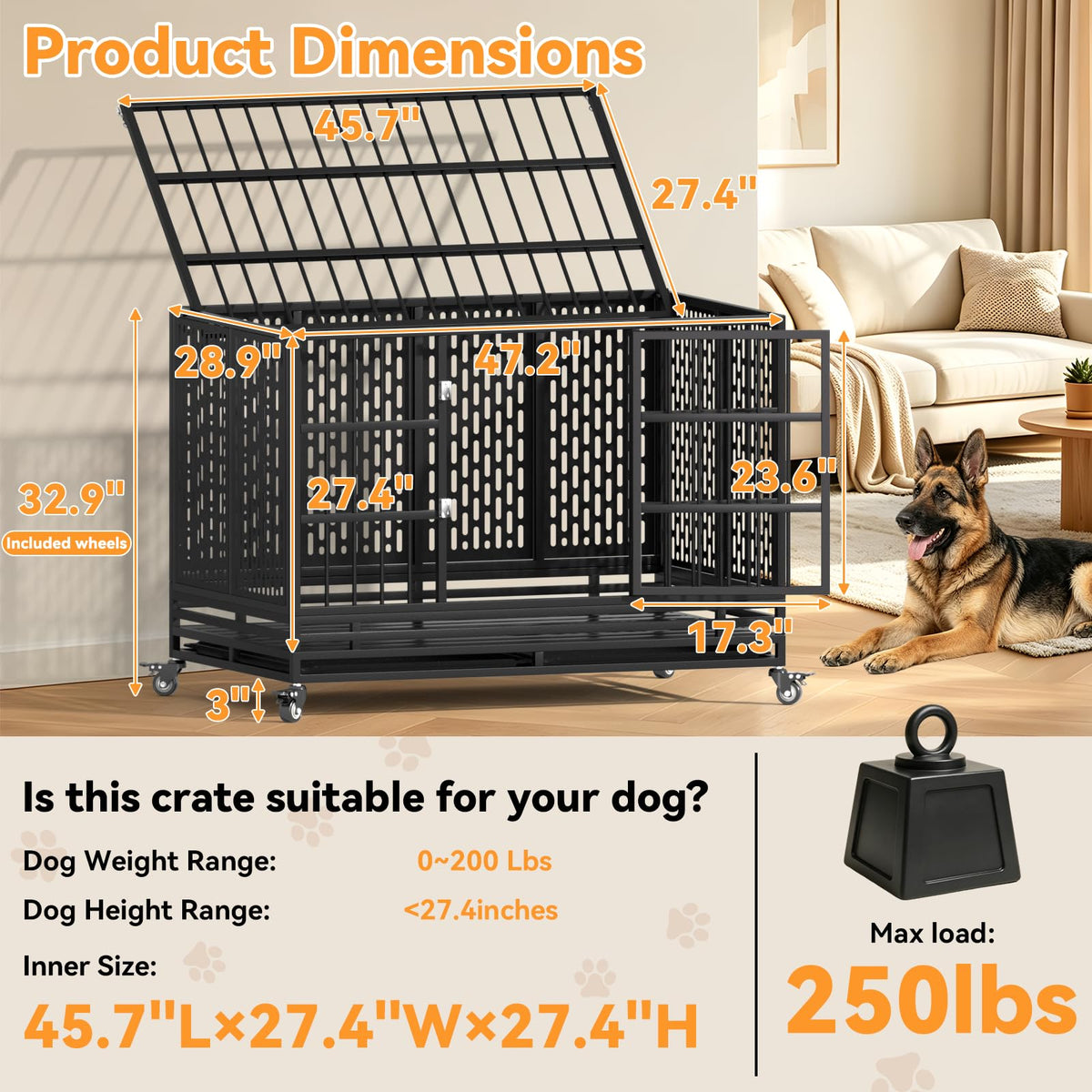 48 Inch Heavy Duty Metal Dog Crate with Wheels U561764