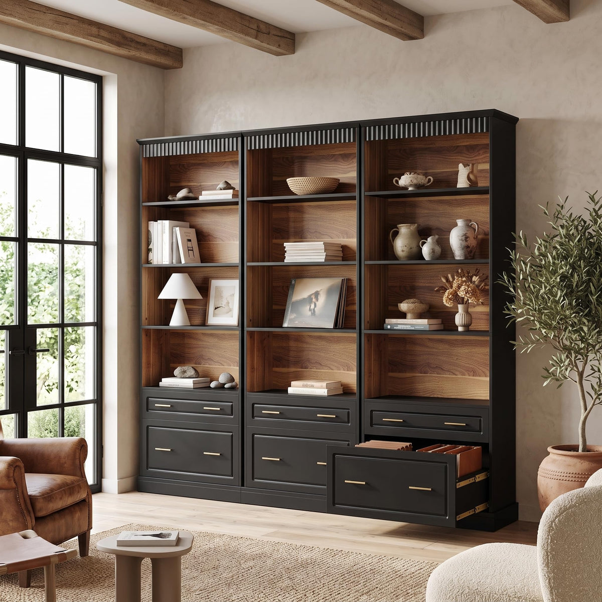 72" Tall Black 5-Tier Bookcase with 2 Drawers R5497