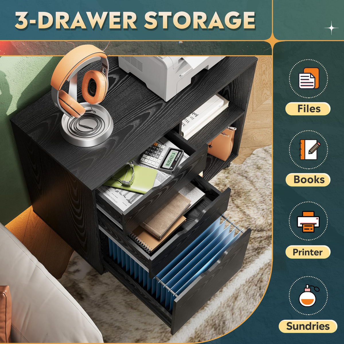 Black 3-Drawer Wood File Cabinet J846
