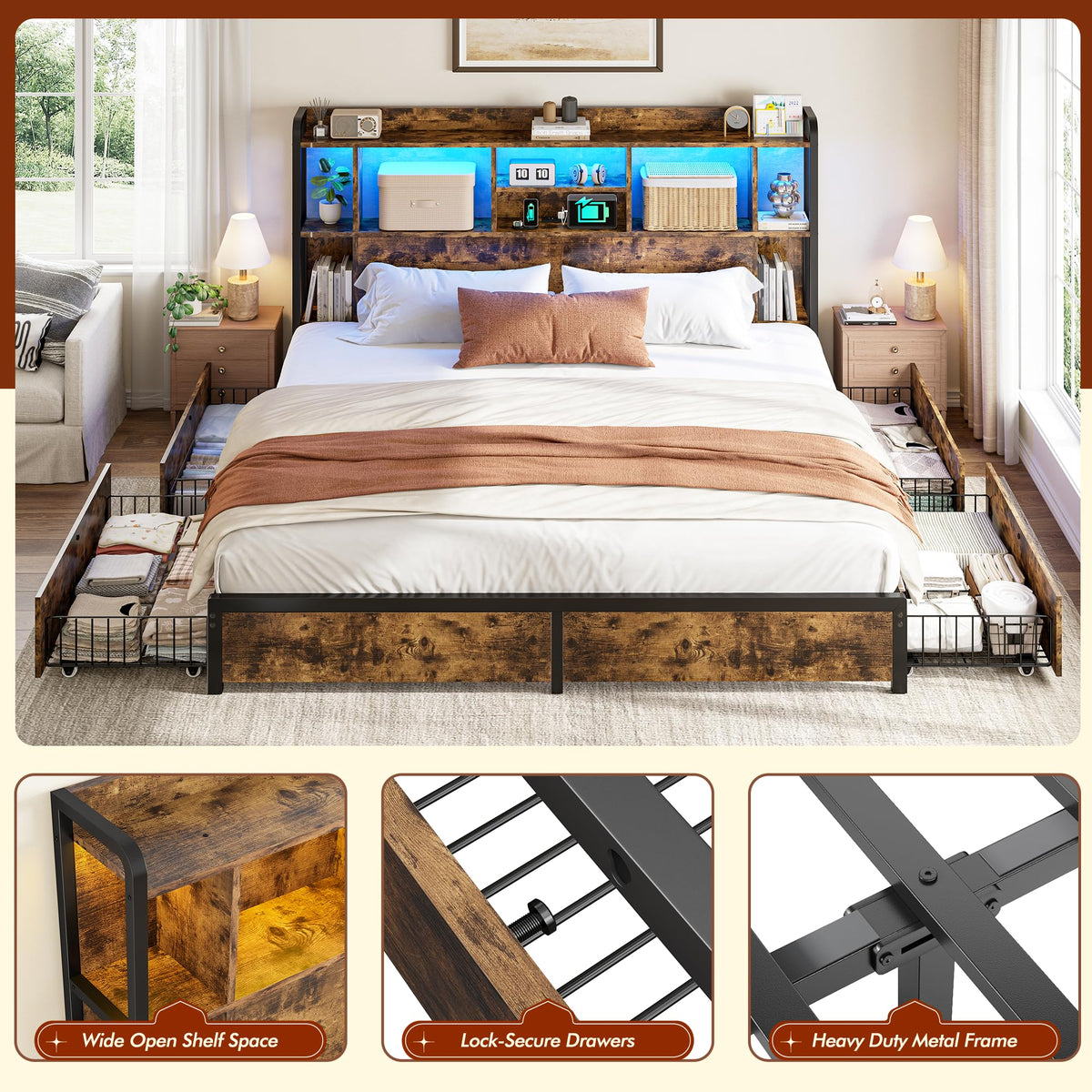 King Size Bed Frame with Storage Headboard & 4 Drawers R632