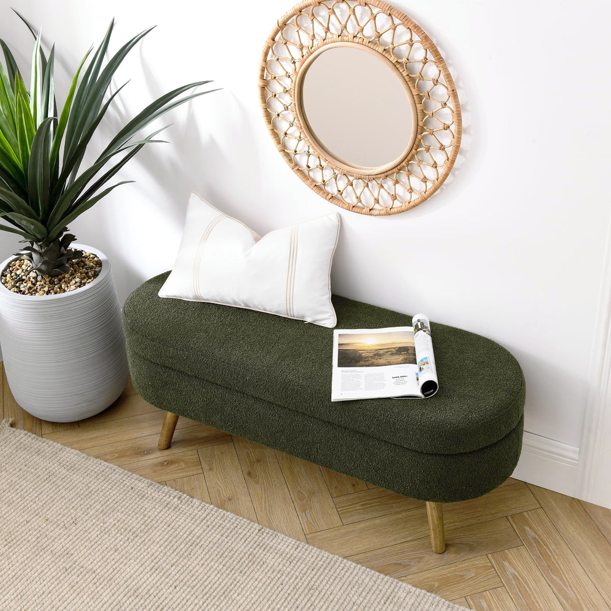 Oval Storage Bench with Rubber Wood Legs, Green A4776