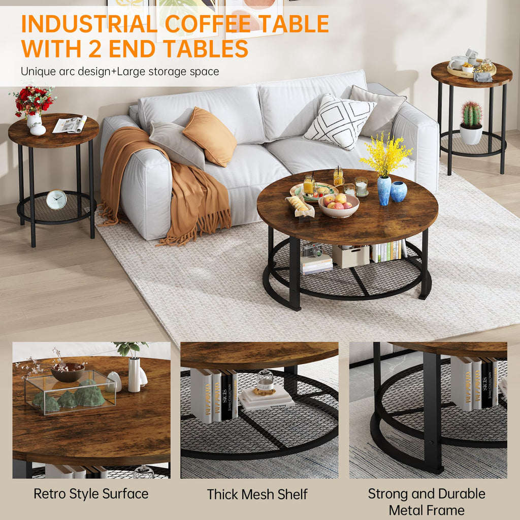 3-Piece Round Coffee Table Set with Storage F173