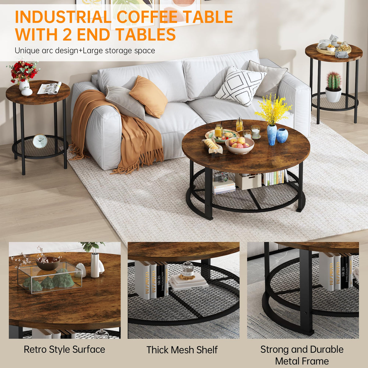 3-Piece Round Coffee Table Set with Storage F173