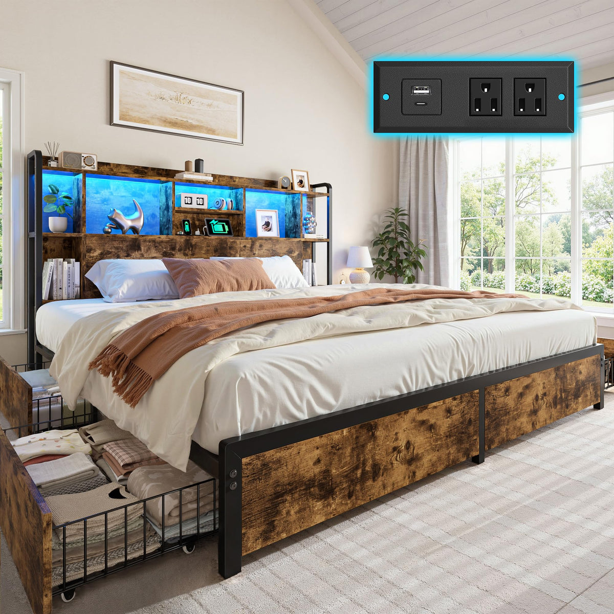 King Size Bed Frame with Storage Headboard & 4 Drawers R632